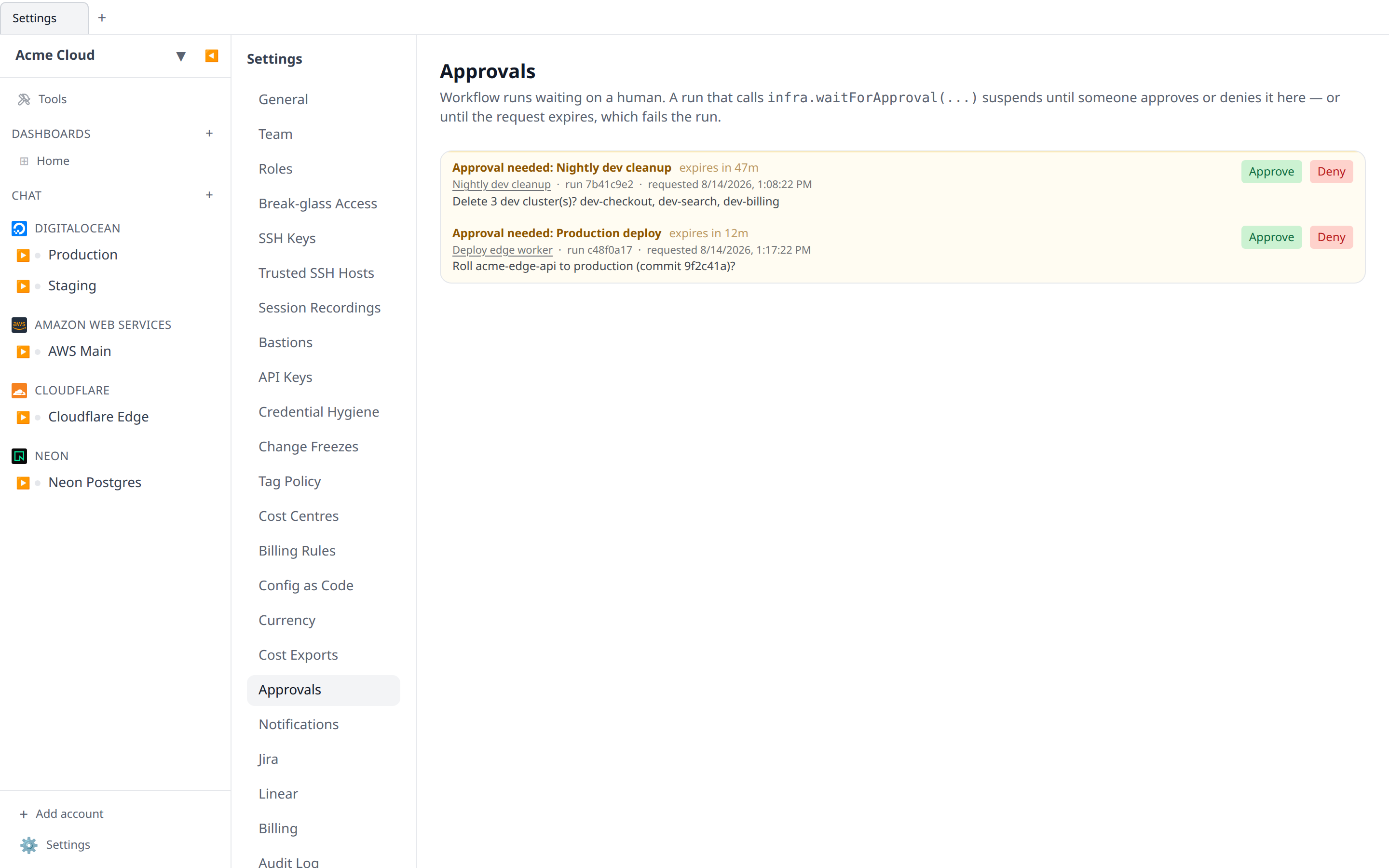Settings → Approvals page listing two pending approval requests from different workflows, each showing the request title, message, workflow name, run id, countdown to expiry, and the Approve/Deny buttons