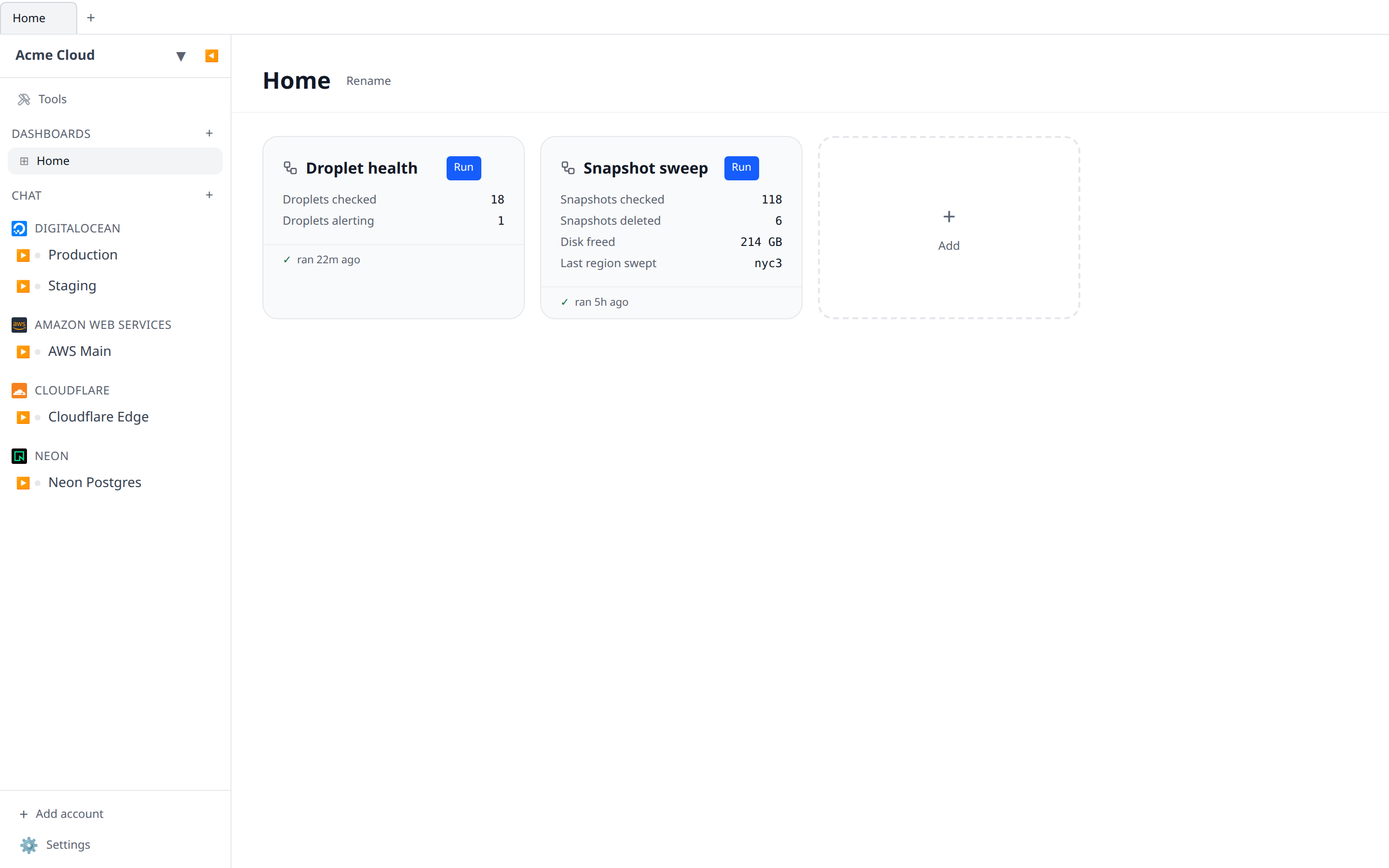 Screenshot of a dashboard with a pinned workflow card showing metric values, a last-run line, and a Run button