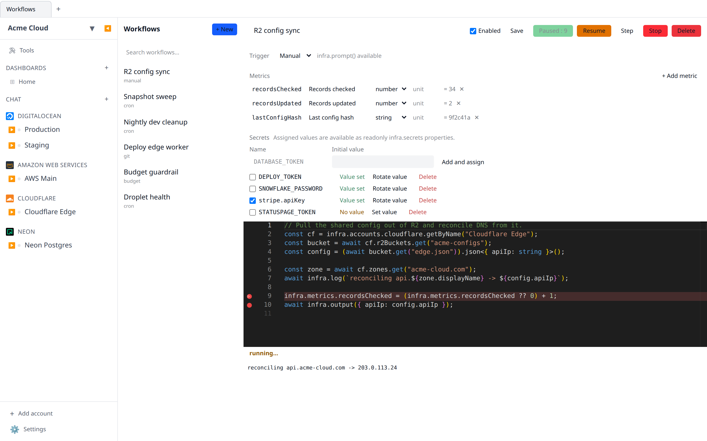 Screenshot of the Workflows editor mid-run: a line highlighted as the current line, a red breakpoint dot in the gutter, and Resume/Step/Stop buttons in the toolbar