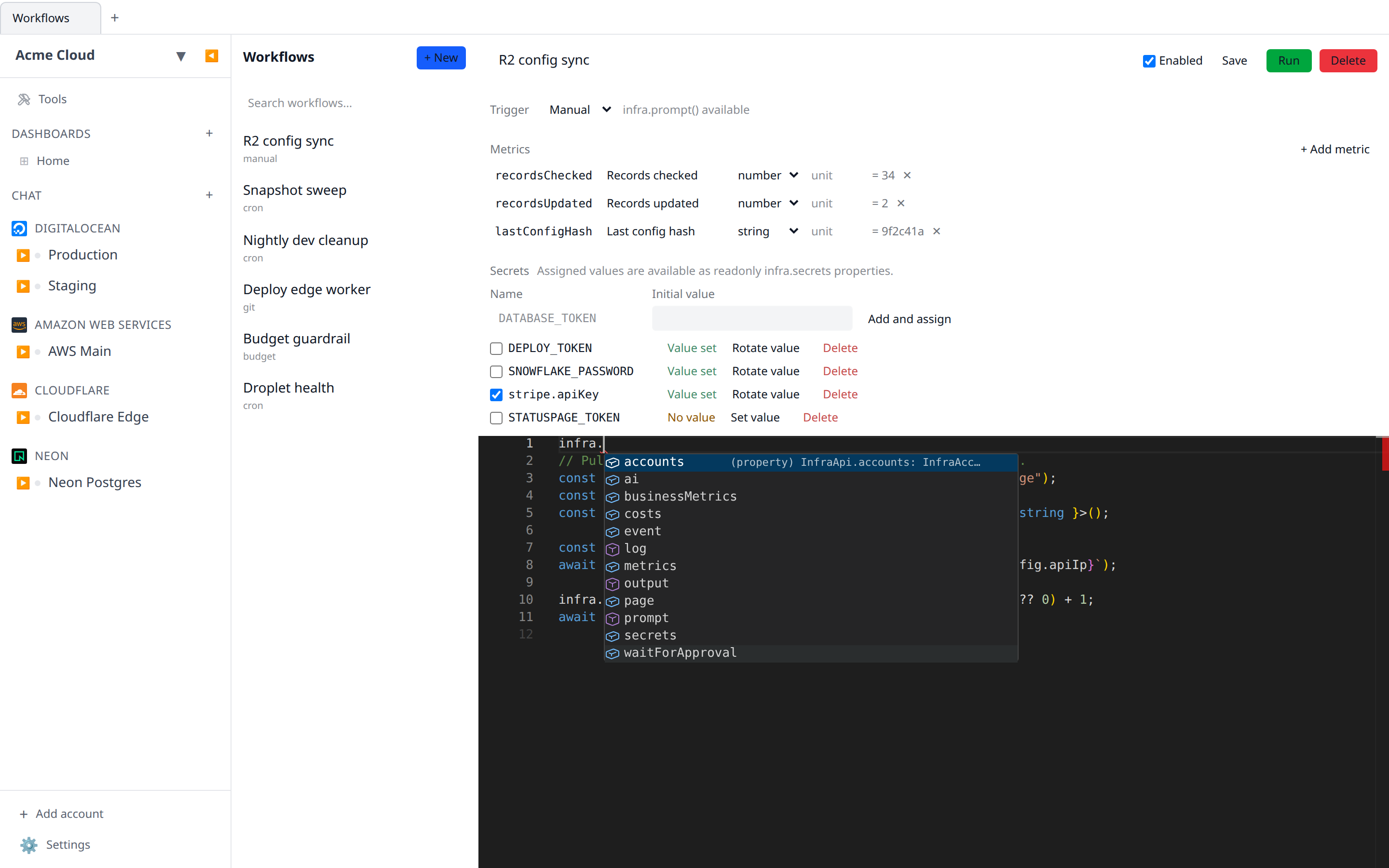 Screenshot of the Workflows tab showing the Monaco editor with infra.* autocomplete open