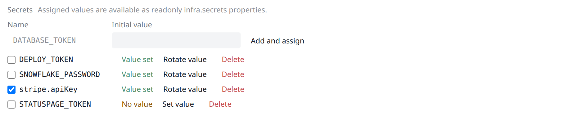 Workflow editor Secrets section showing reusable secrets, Value set status, and assignment checkboxes