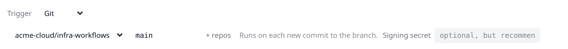 Screenshot of the git trigger settings after connecting GitHub, showing the repository picker, the branch field, and the "+ repos" link back to the GitHub App install flow