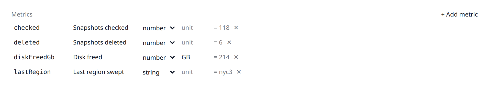 Screenshot of the workflow create form showing the metrics section with a key, label, type and unit