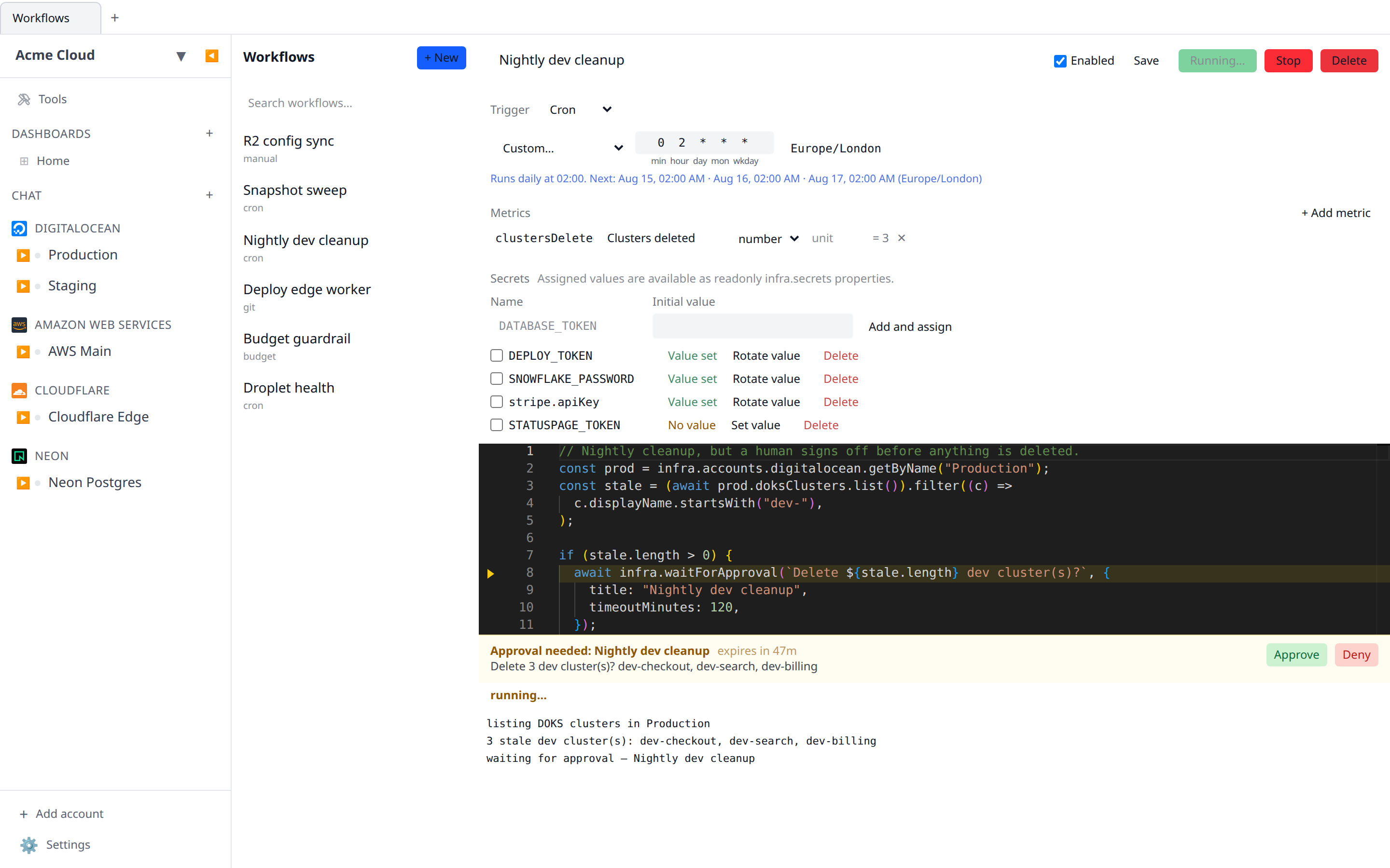 Screenshot of the Workflows tab with a run suspended on an approval: the amber pending-approval card above the run log showing the request title, message, expiry time, and Approve/Deny buttons