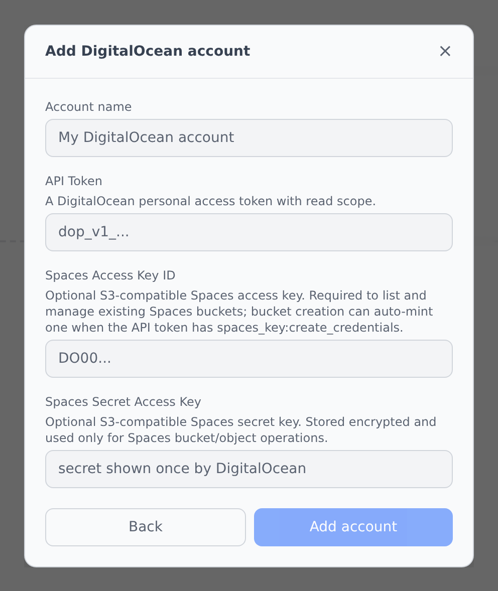 Add-account modal with provider picker and DigitalOcean form