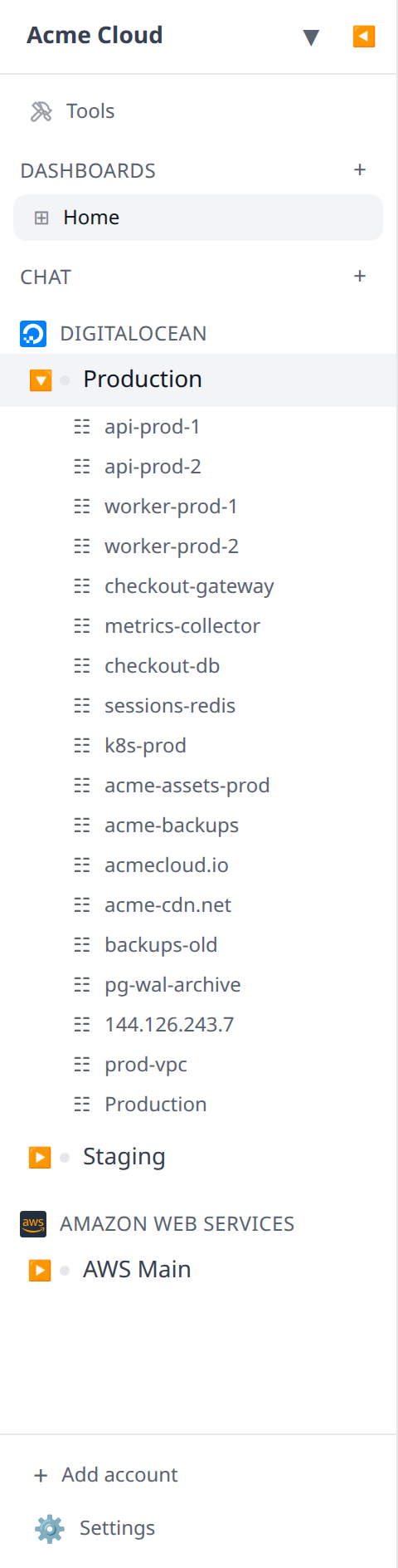Sidebar populated with DigitalOcean resources grouped by type