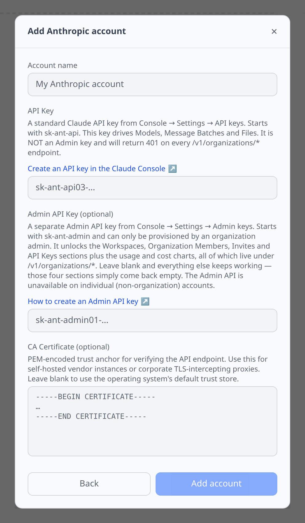 Anthropic Add-account form showing the required API Key field and the optional Admin API Key field with its admin-only description