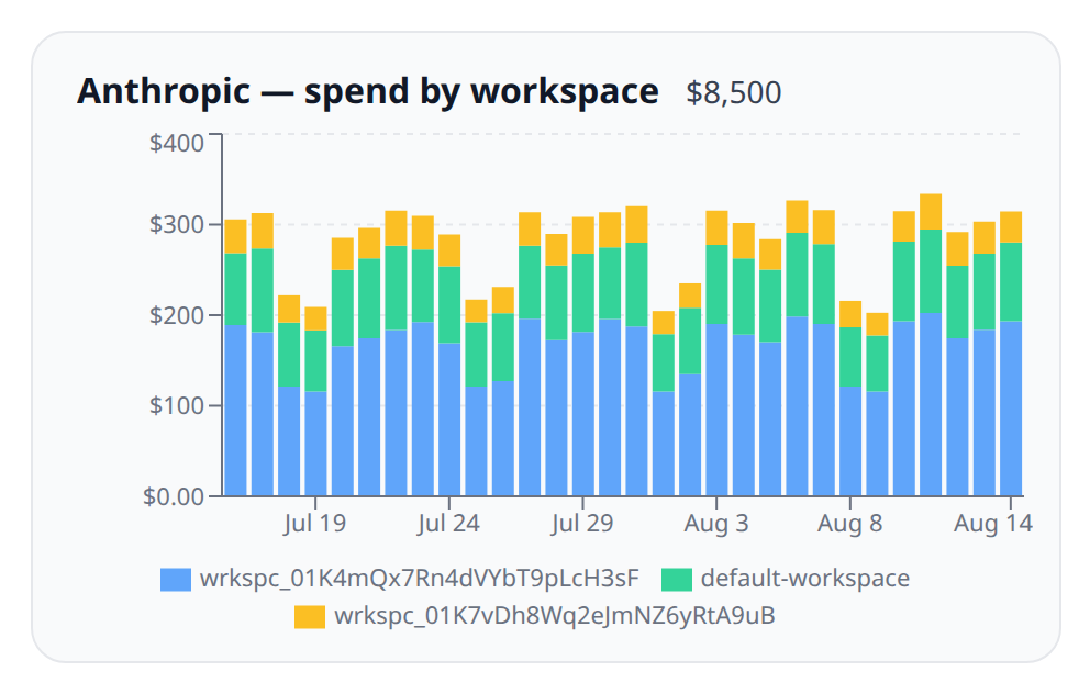 Cost view filtered to an Anthropic account, showing daily spend broken down by workspace