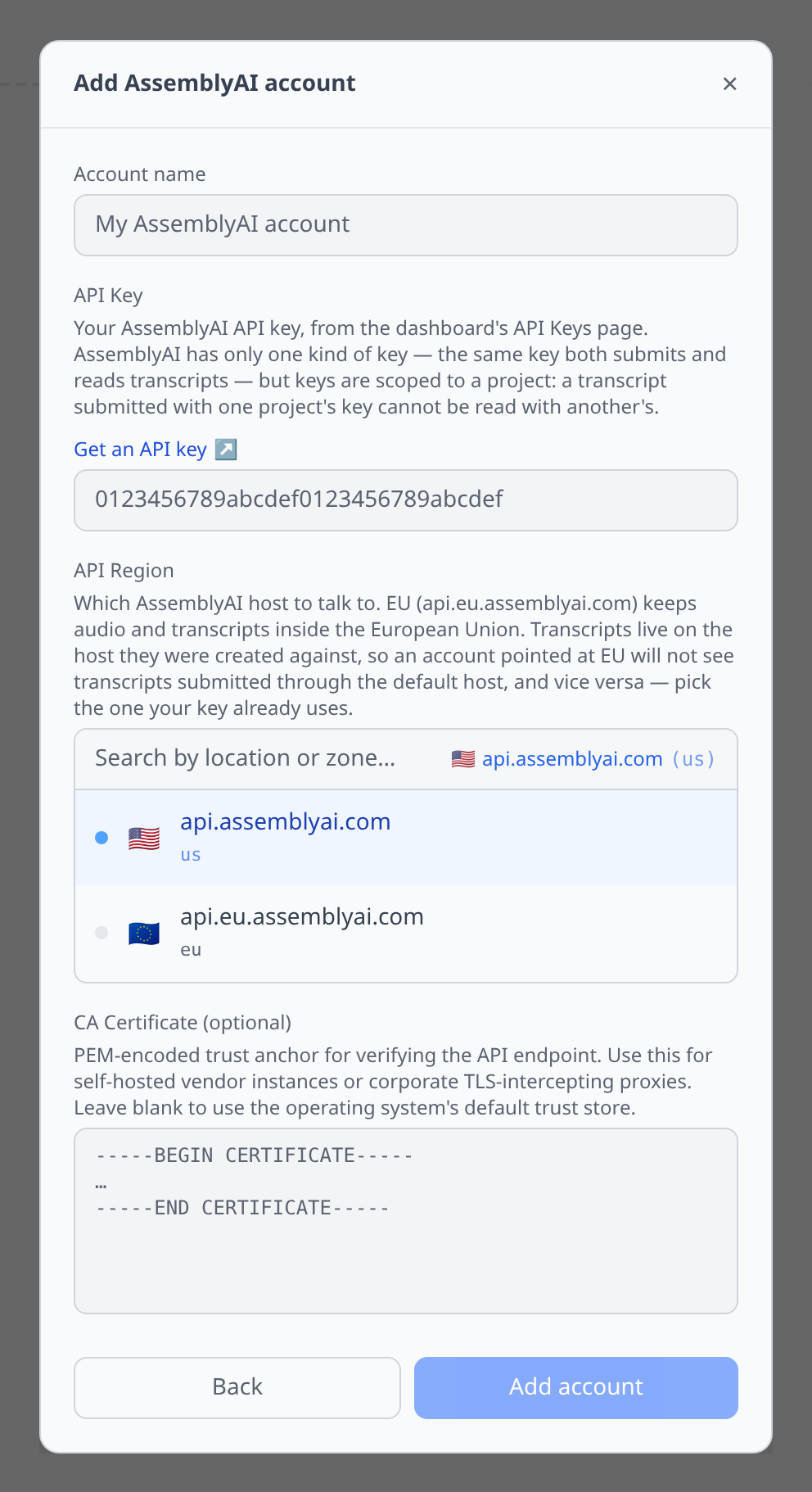 AssemblyAI Add-account form showing the API key field and the region picker with the Default and EU options