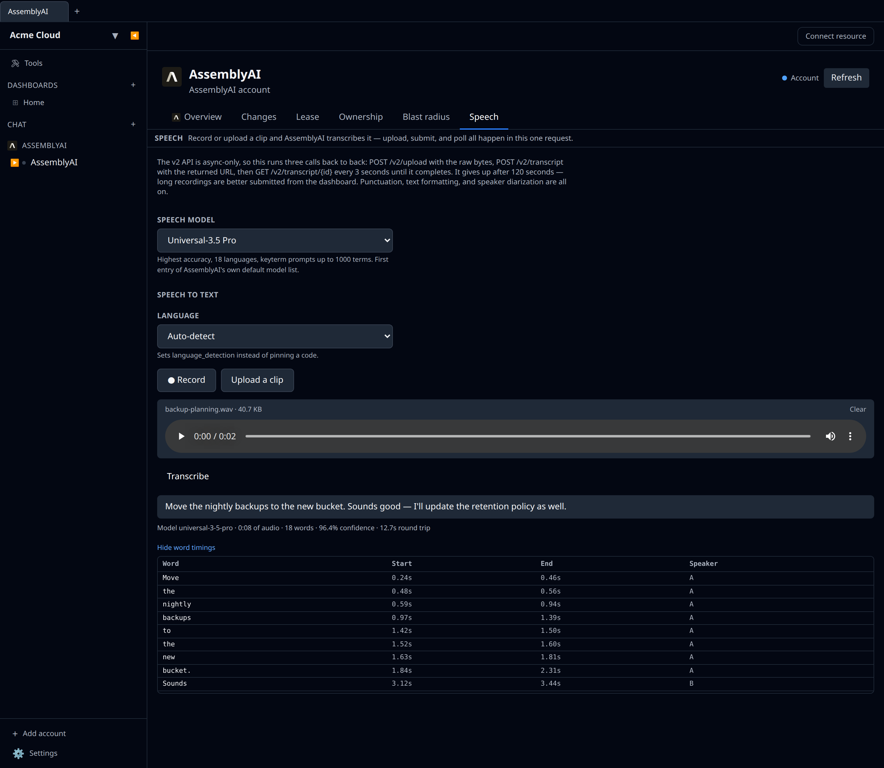 AssemblyAI Speech tab on the Account resource, with the model picker set to Universal-3.5 Pro and a completed transcript showing speaker labels
