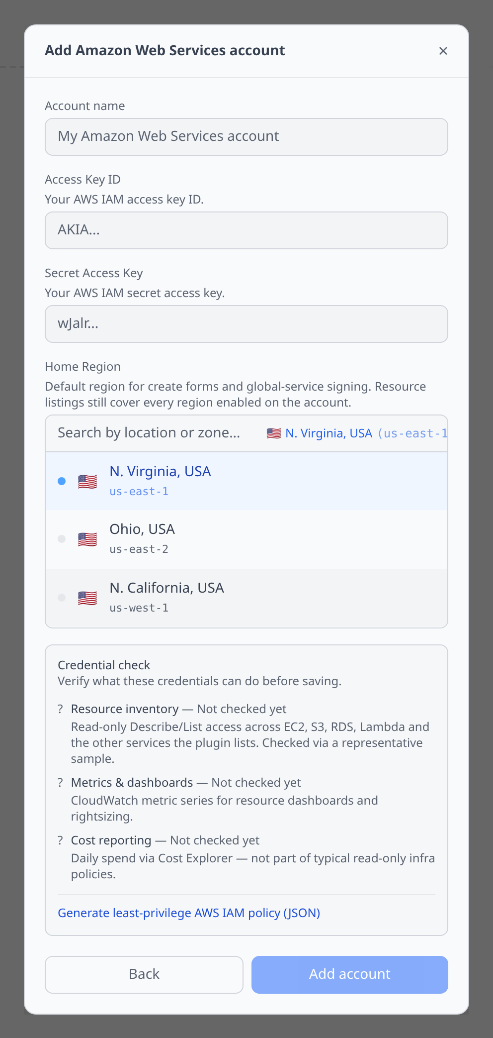 AWS Add-account form with access key / secret / region fields