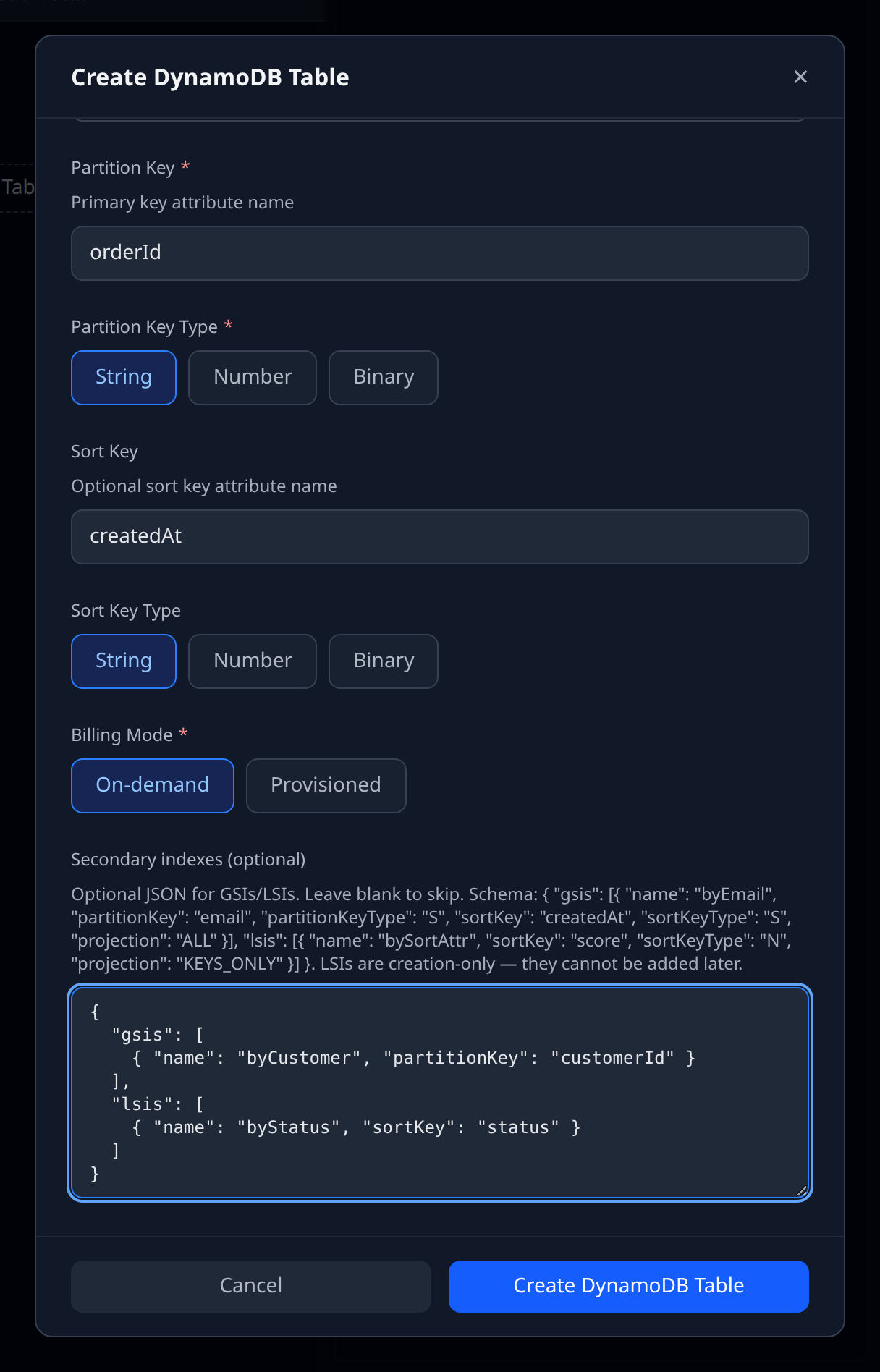 DynamoDB Create resource form with the optional "Secondary indexes (optional)" textarea expanded showing an example JSON value
