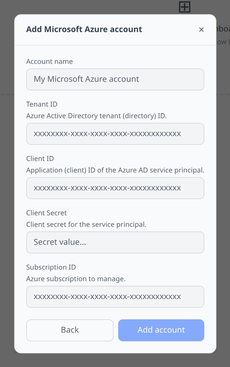 Azure Add-account form with tenant / client / secret / subscription fields