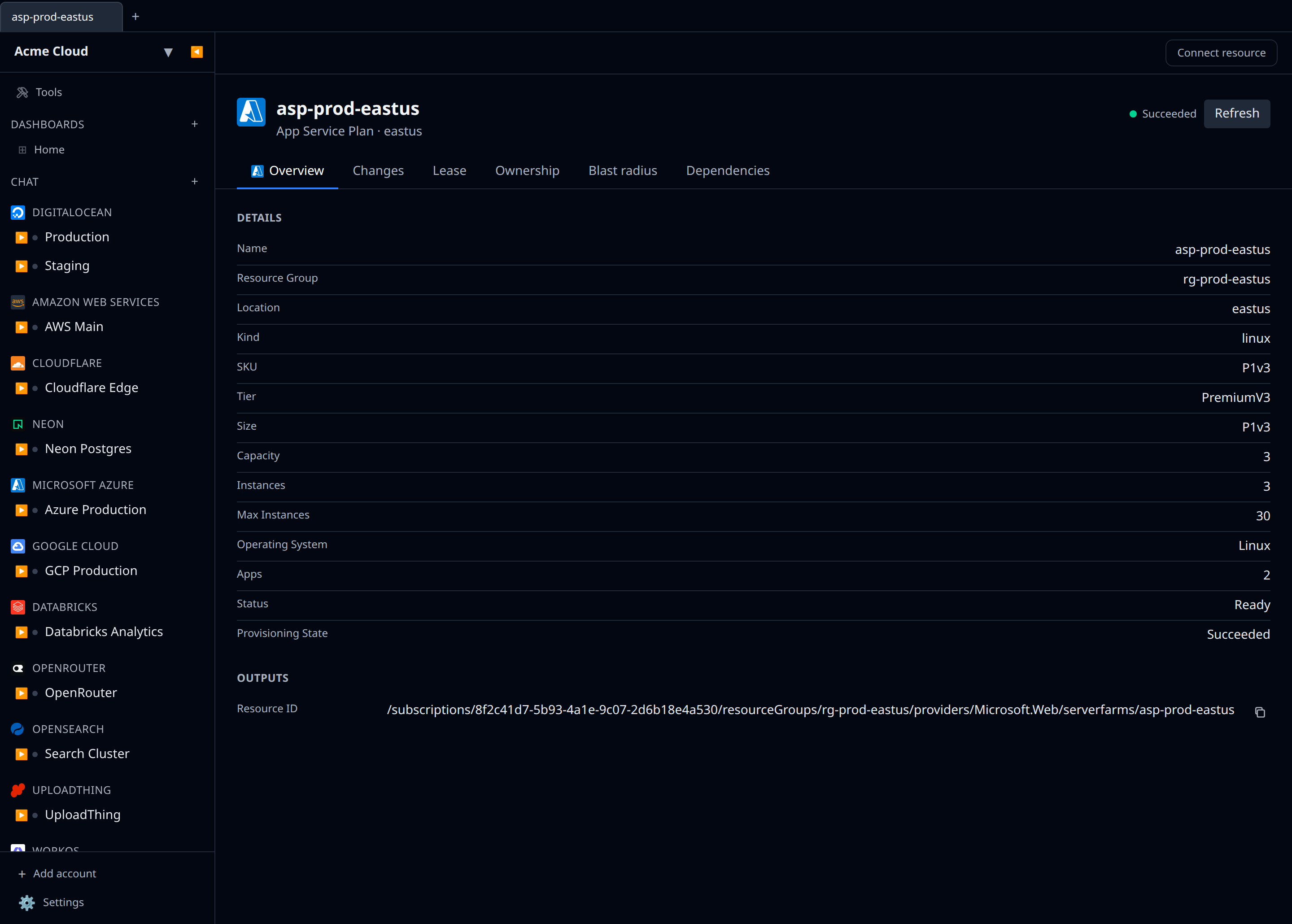 Azure App Service Plan detail page showing the SKU, tier and instance-count fields, with a Dependencies tab listing the web apps that run on the plan