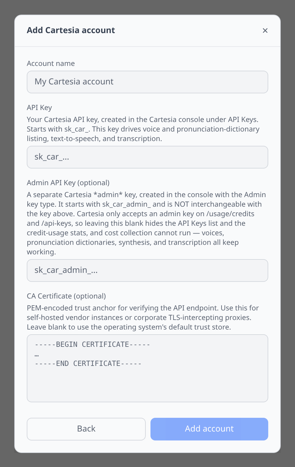 Cartesia Add-account form showing the required API key and the optional admin API key with its sk_car_admin_ placeholder