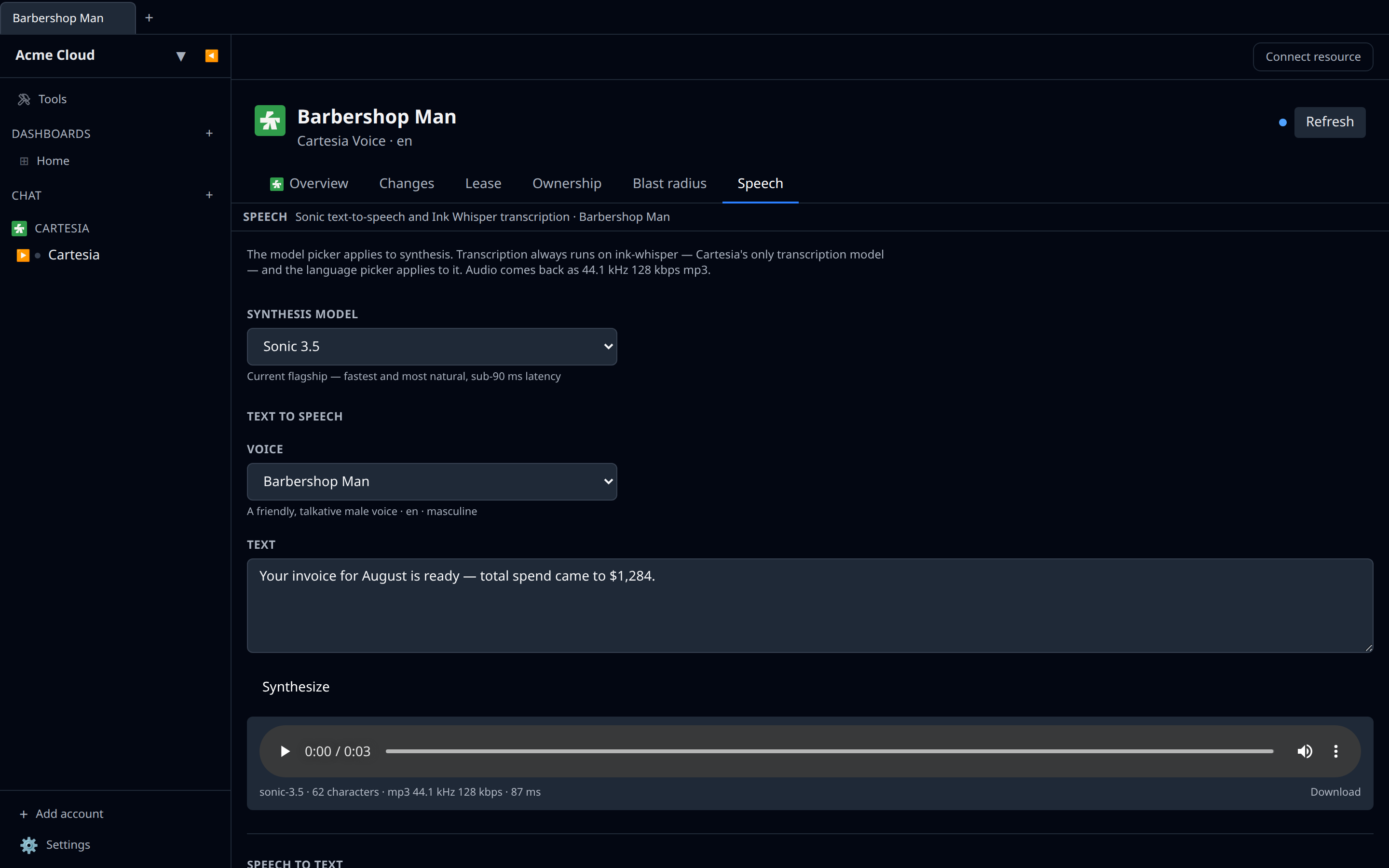 Cartesia Speech tab on a voice, showing the Sonic model picker and a synthesized clip in the player