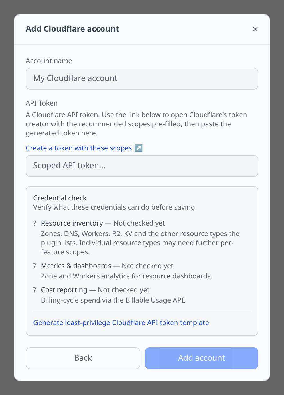 Cloudflare Add-account form with the API token field and the "Create a token with these scopes" link highlighted