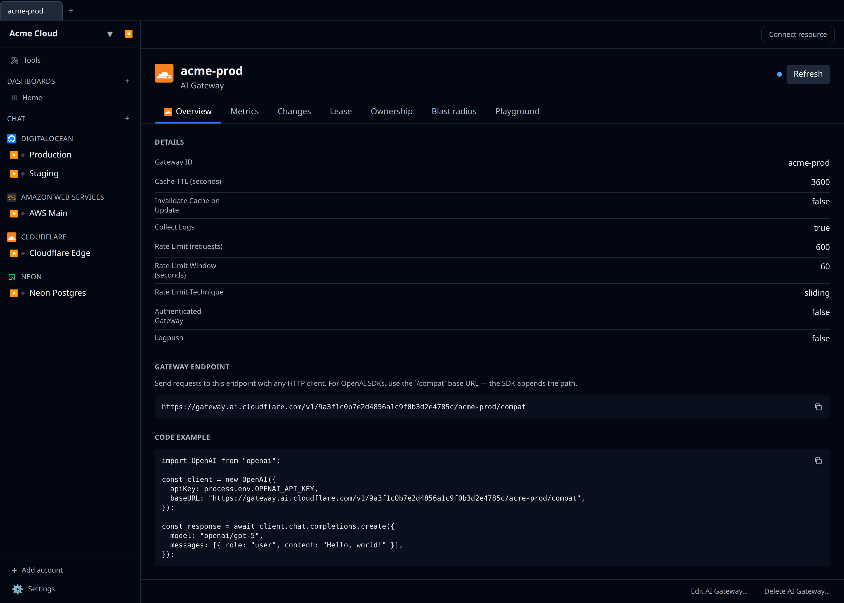 Cloudflare AI Gateway detail page showing the gateway endpoint URL, the code example, and the Metrics and Playground tabs