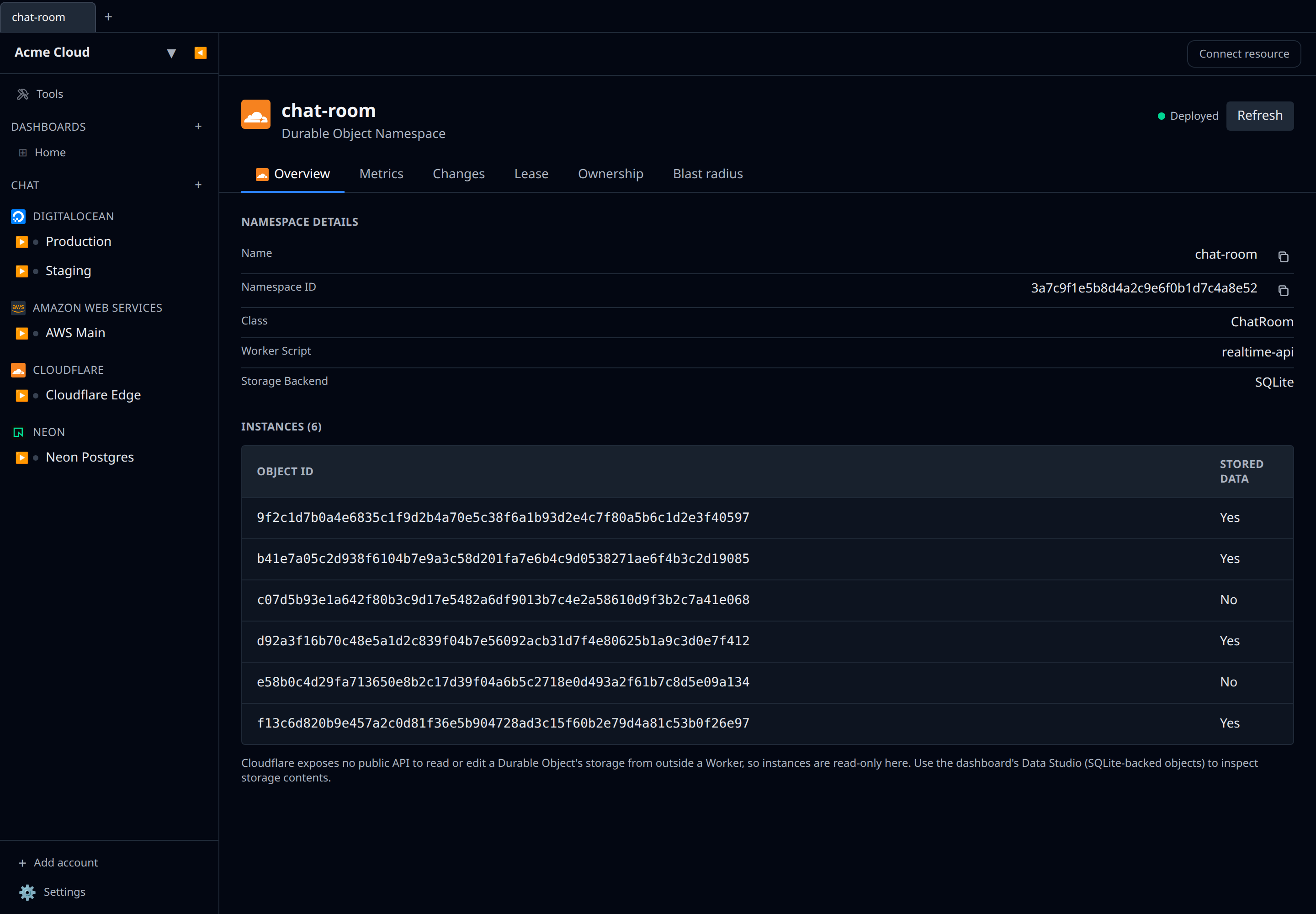 Infrawrench Durable Object namespace detail page showing the Instances table (Object ID + Stored Data columns) and the read-only storage note
