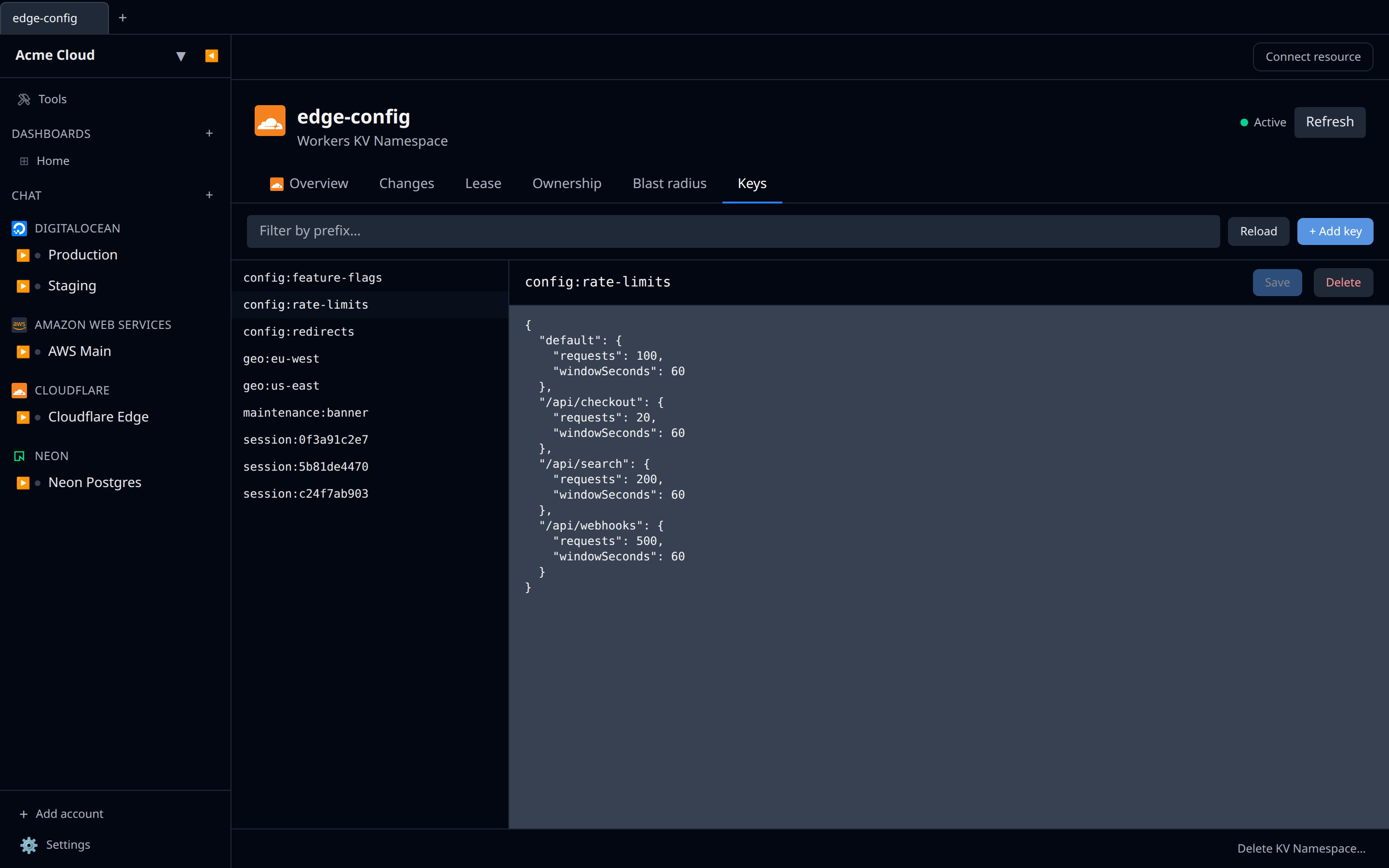 Cloudflare KV namespace detail page with the Keys tab open, showing a list of keys with the value of a selected key displayed