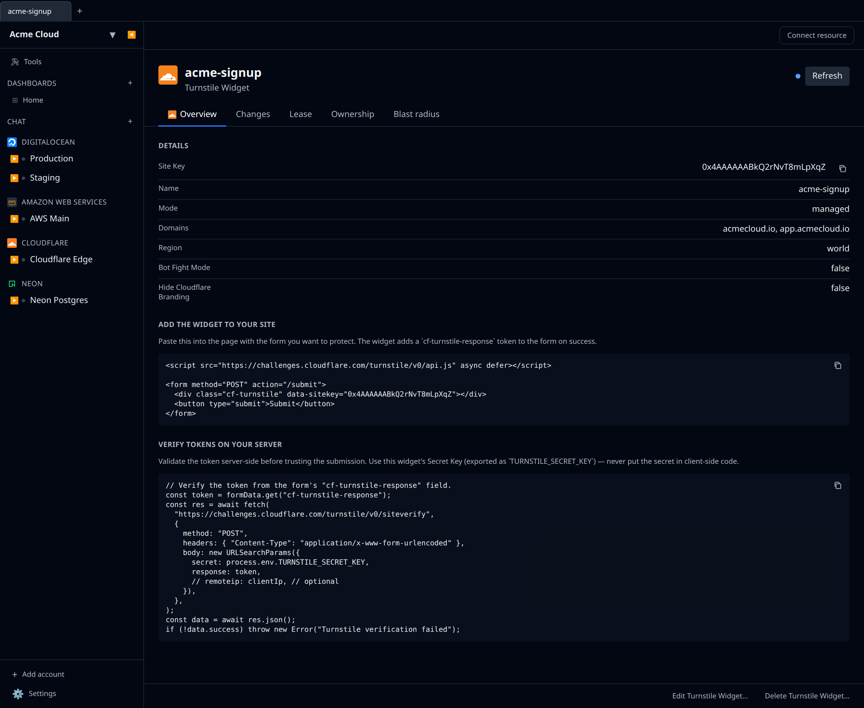 Cloudflare Turnstile widget detail page showing the "Add the widget to your site" section with the copyable HTML embed snippet and the server-side verification snippet below it