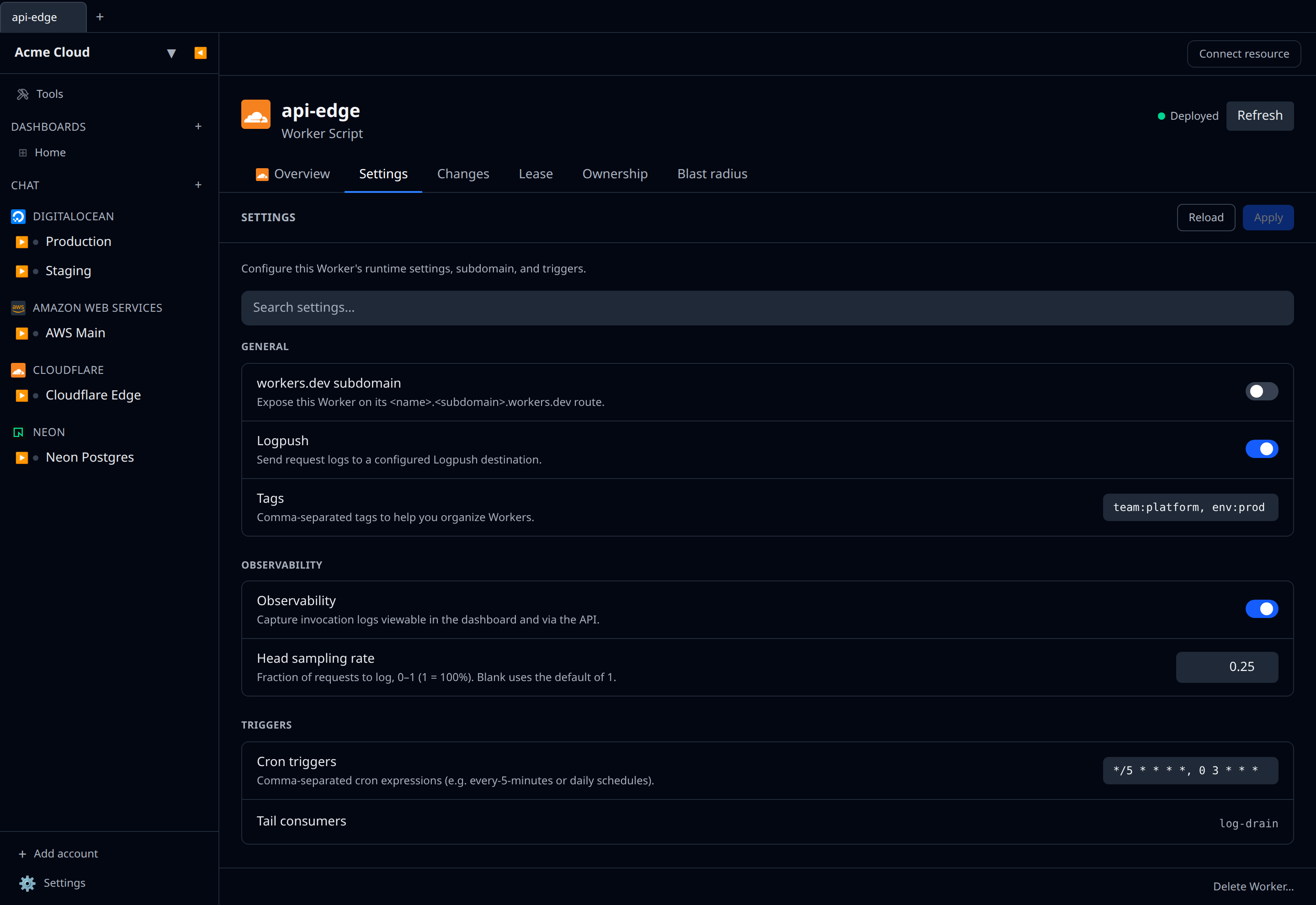 Cloudflare Worker detail view with the Settings tab open, showing the General and Observability groups populated for a real Worker