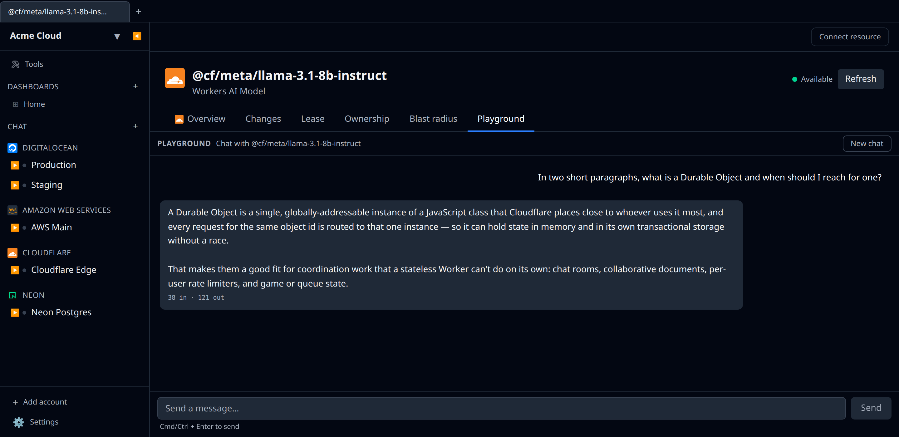 Cloudflare Workers AI model detail page with the Playground tab open, showing a streamed assistant reply