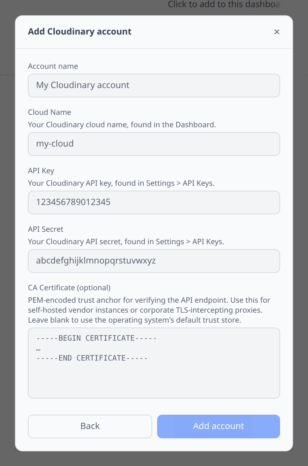 Cloudinary Add-account form with cloud name / key / secret fields