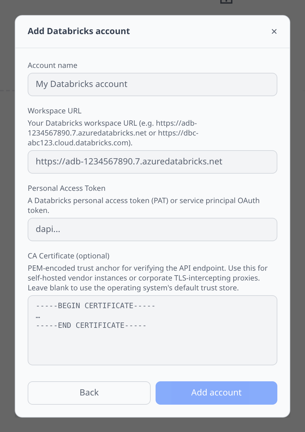 Databricks Add-account form with workspace URL and PAT fields