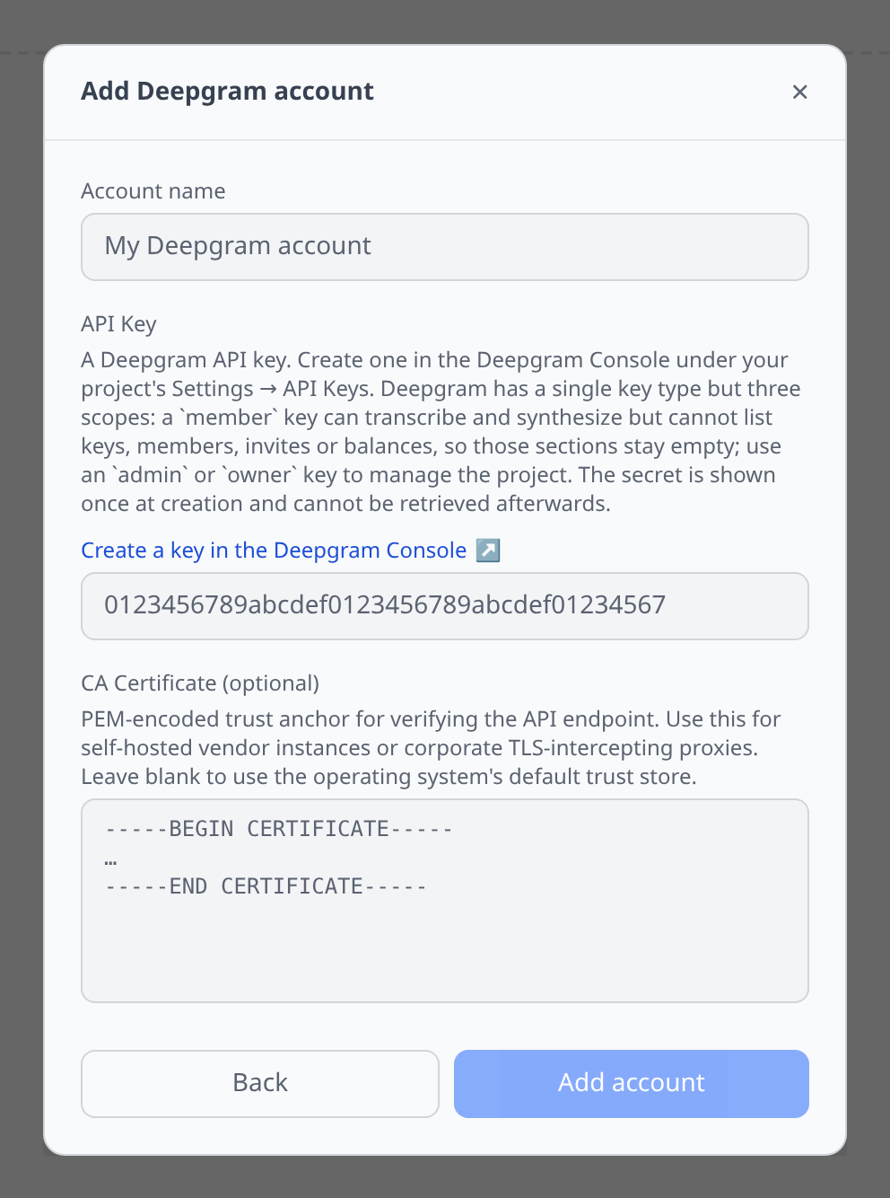 Deepgram Add-account form with the API key field and its scope explanation