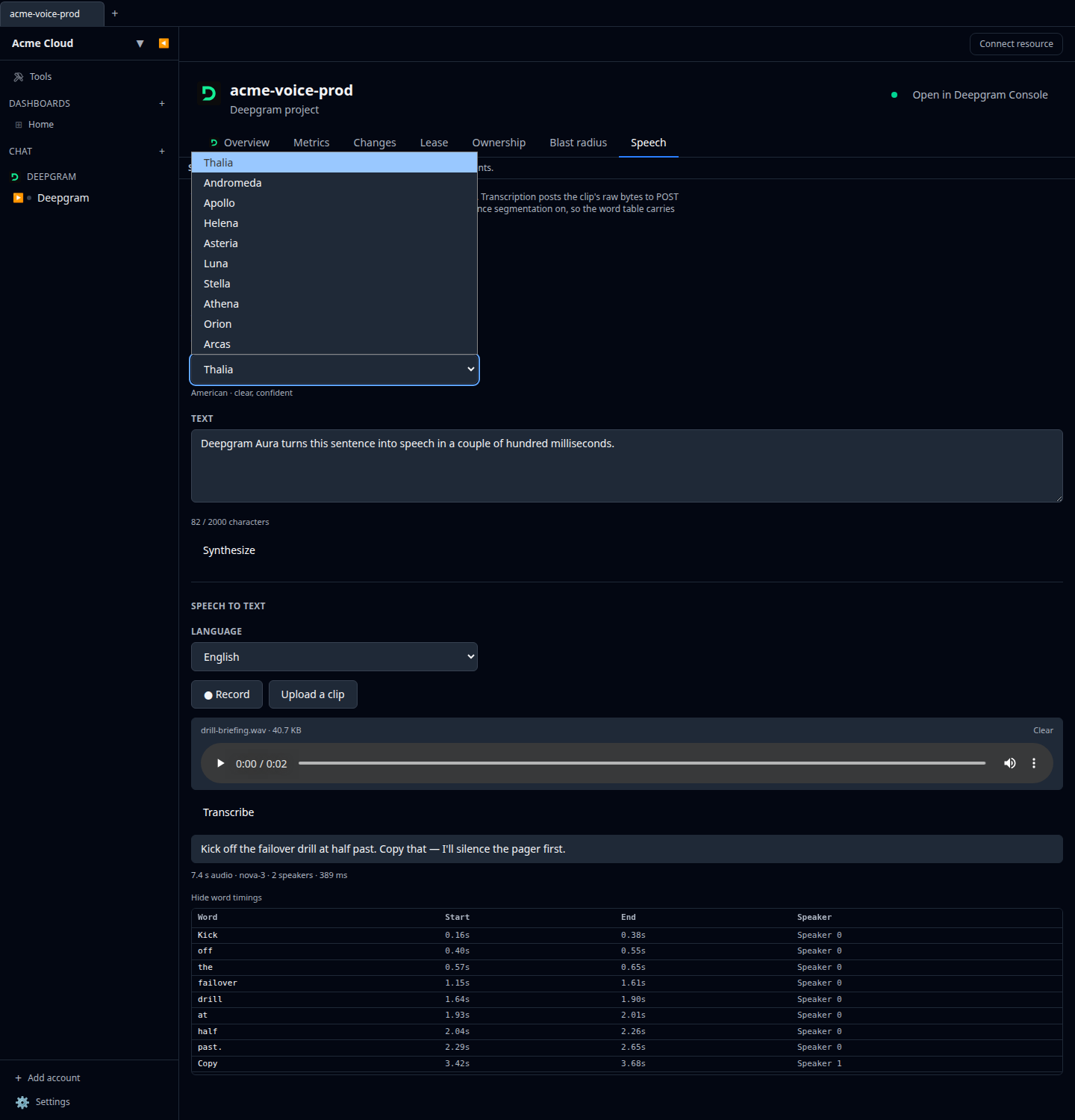 Deepgram Speech tab on a project, with the Aura voice picker open and a diarised transcript with speaker labels below