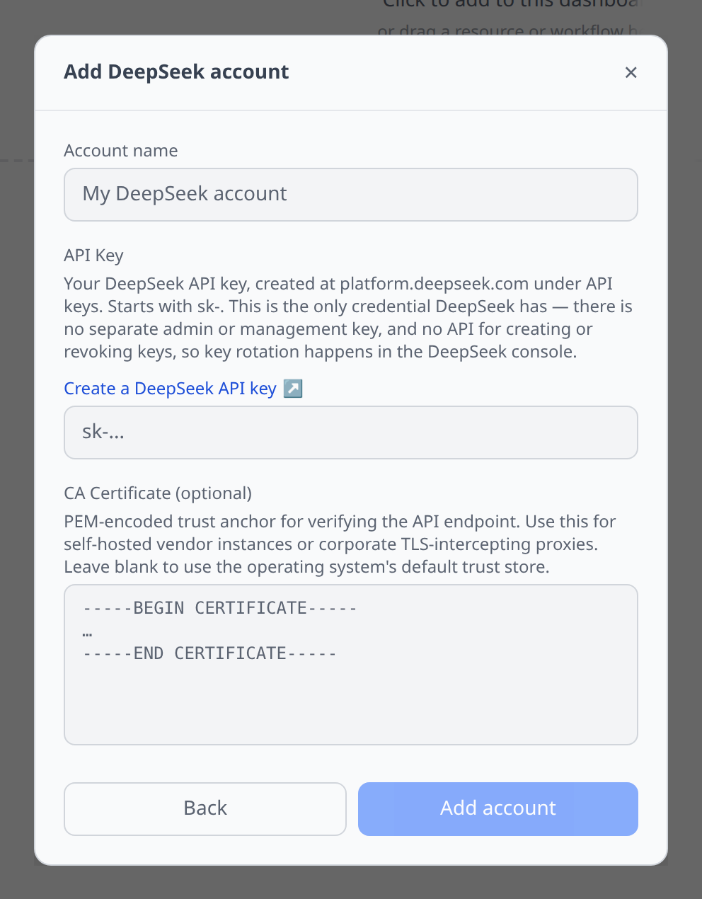 DeepSeek Add-account form with the single API key field