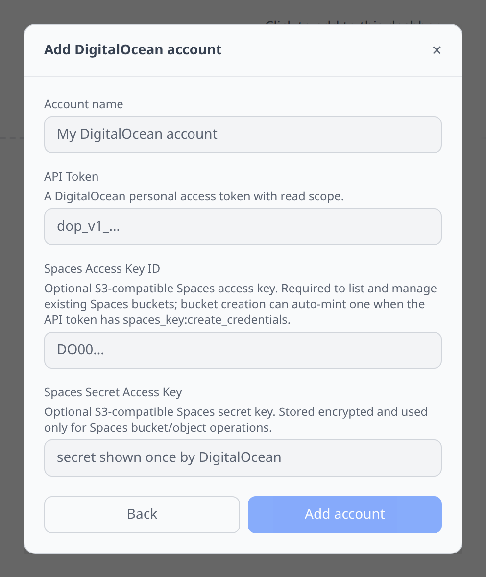 DigitalOcean Add-account form with API token field