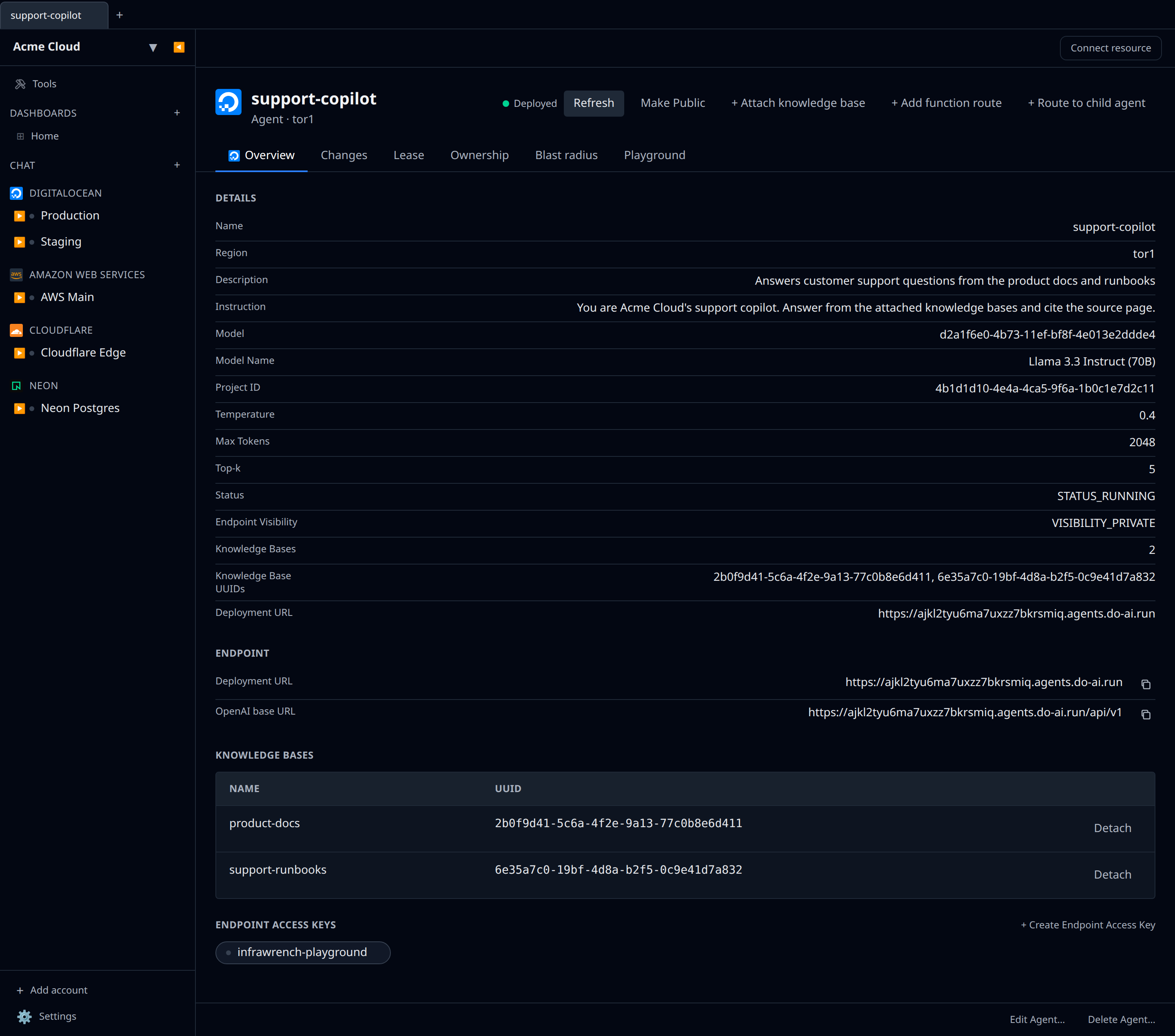 DigitalOcean Agent detail page with deployment URL and attached knowledge bases visible