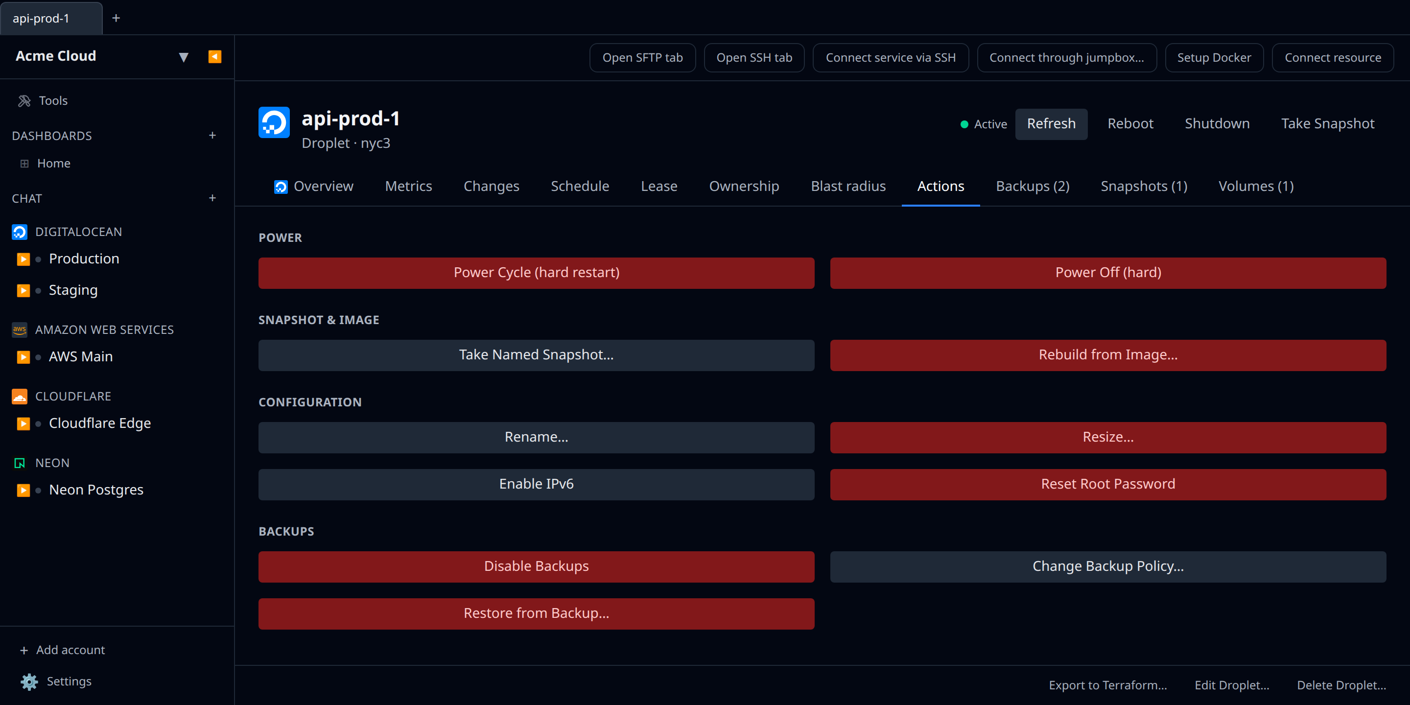 DigitalOcean droplet detail page with the Actions tab open showing Power, Snapshot & Image, Configuration, and Backups sections