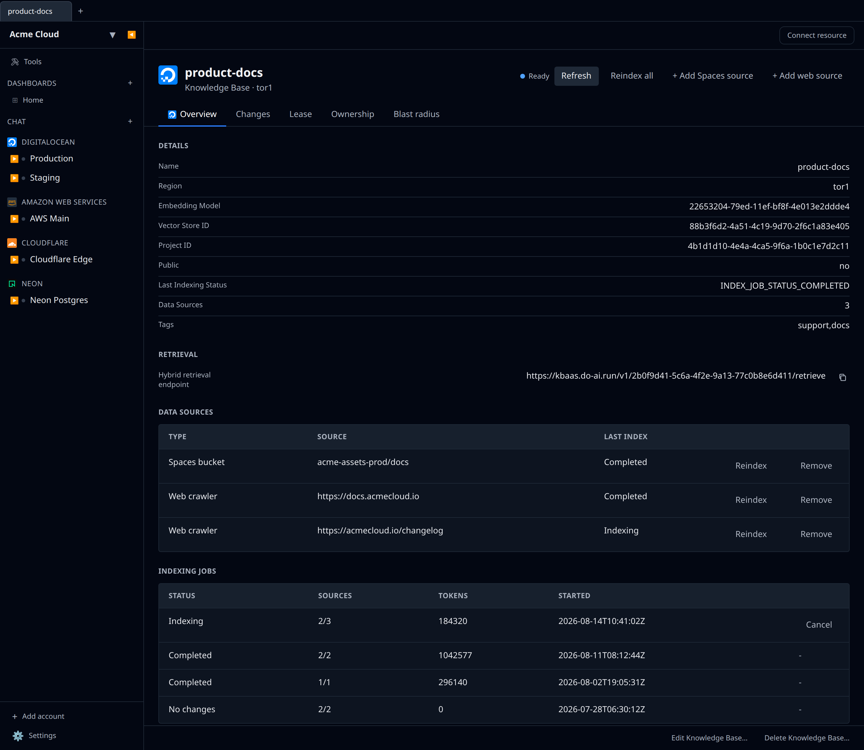 DigitalOcean Knowledge Base detail page showing the data sources table, indexing jobs, and the add-source header actions