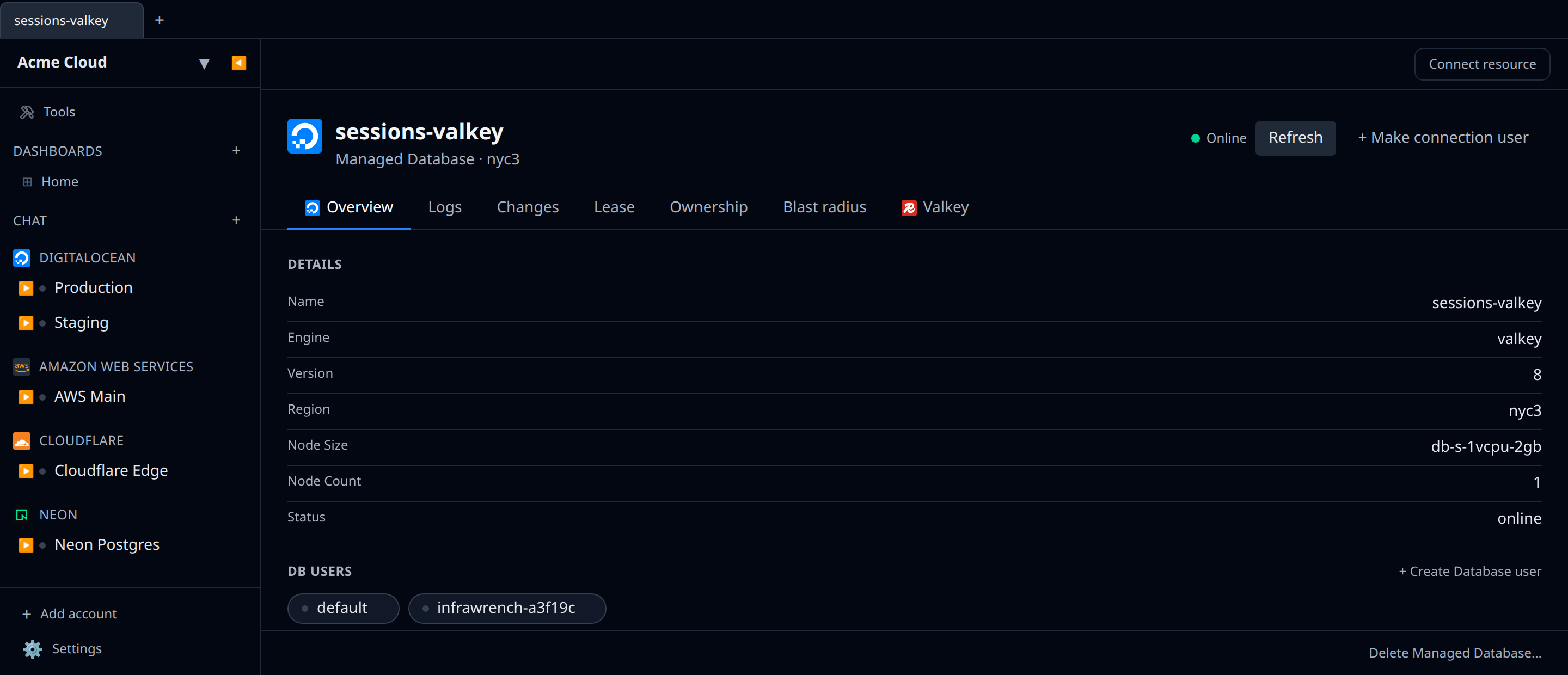 DigitalOcean managed-database detail page with the DB Users section expanded showing a freshly-minted user