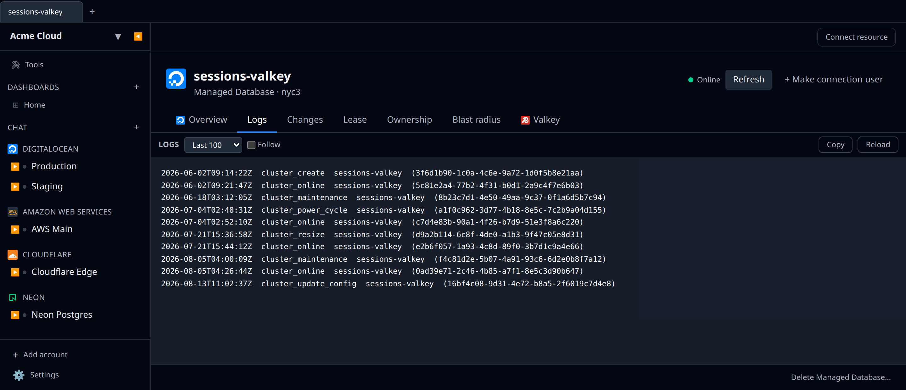 DigitalOcean managed-database Logs tab showing the cluster event stream