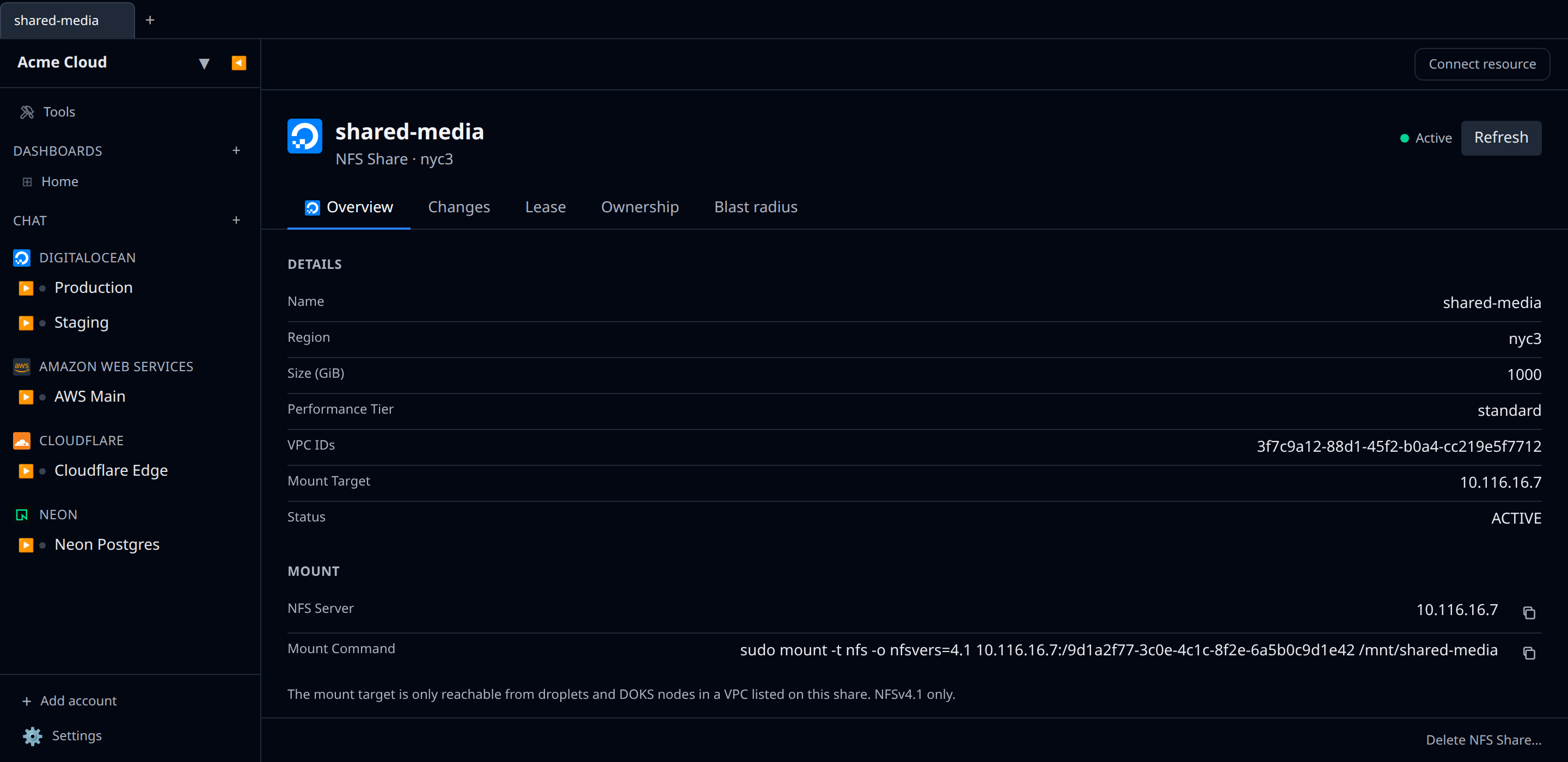 DigitalOcean NFS share detail page showing the mount target and mount command
