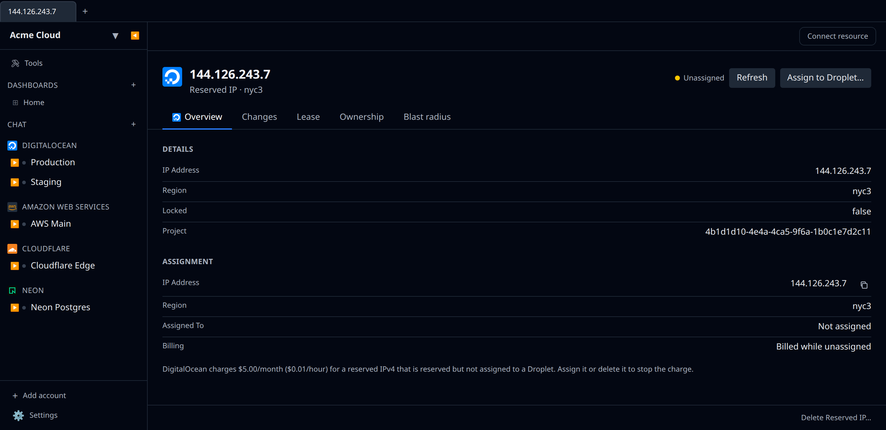 DigitalOcean Reserved IP detail page for an unassigned address, showing the Assignment section with the "Billed while unassigned" row and the Assign to Droplet button in the header