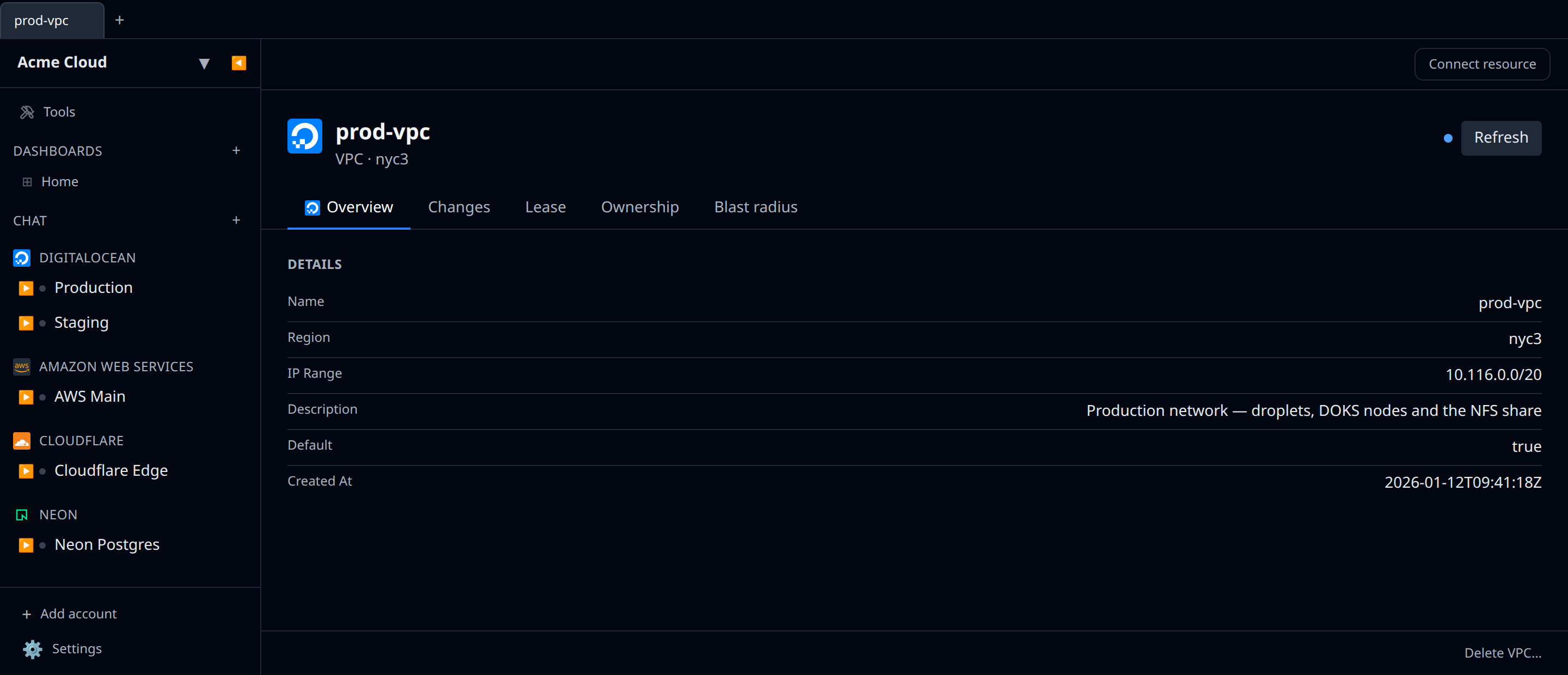 DigitalOcean VPC detail page showing region, IP range and the default flag
