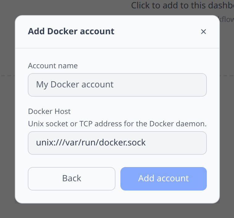 Docker Add-account form with the single Docker Host field