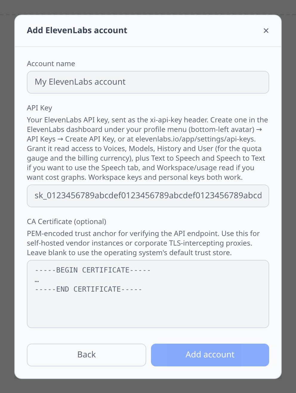 ElevenLabs Add-account form with the API key field and its scope guidance