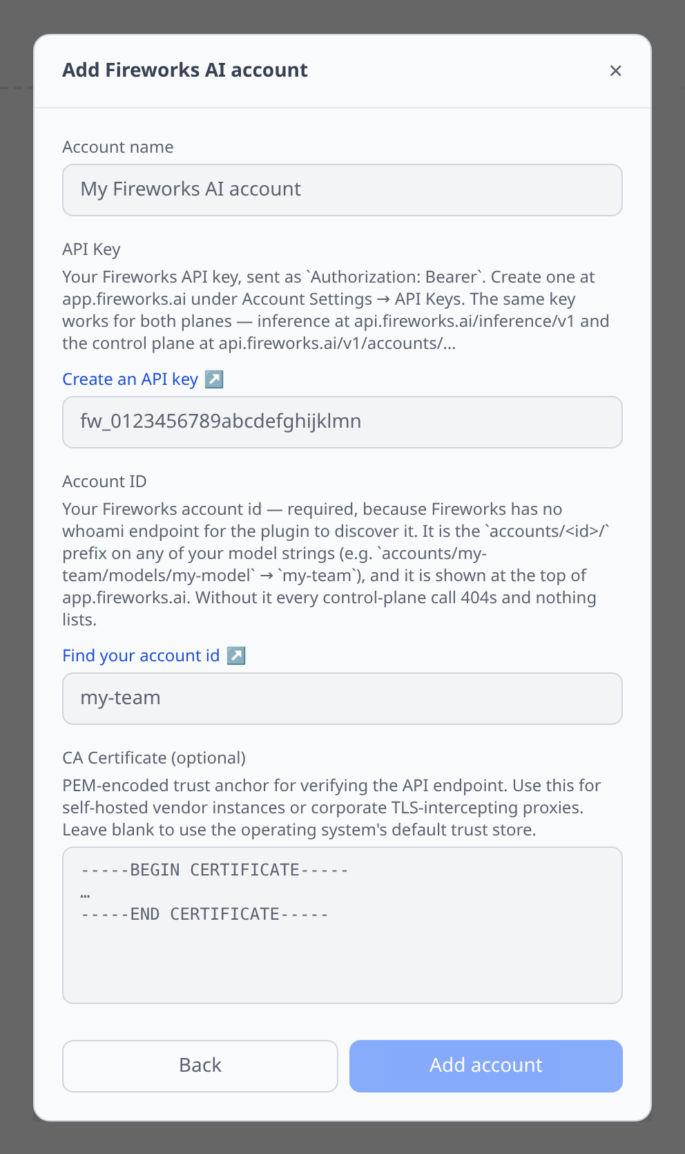 The Fireworks AI Add-account form showing the API key and Account ID fields