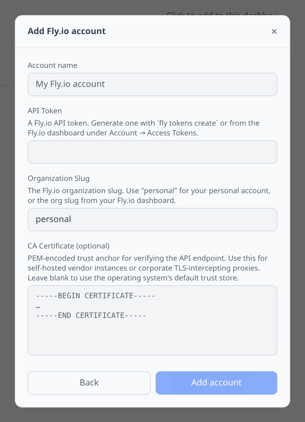 Fly Add-account form with API token and organization slug fields