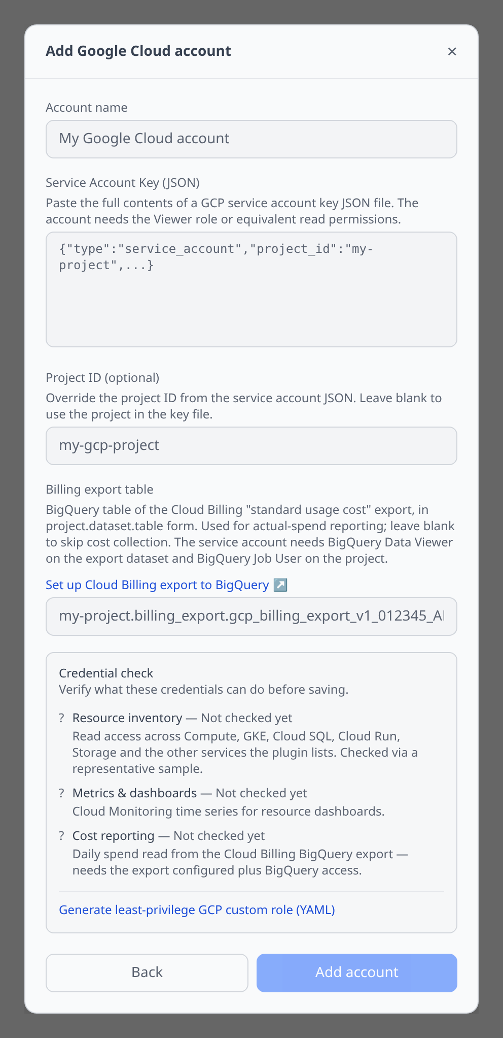 GCP Add-account form with service account JSON textarea and optional project ID field