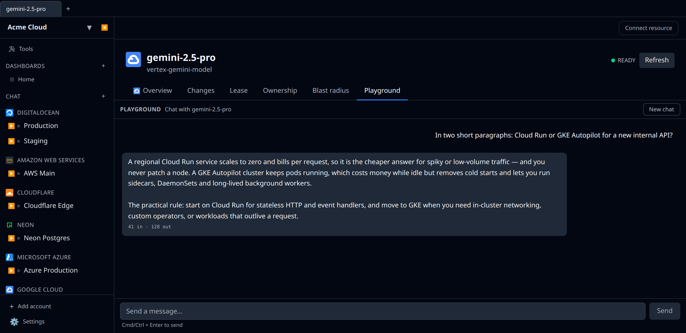 GCP Gemini model detail page with the Playground tab open, showing a streamed assistant reply