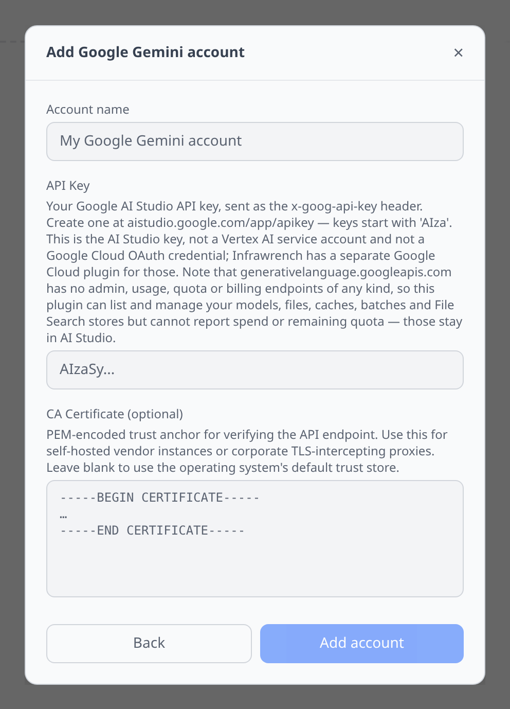 Gemini Add-account form with the single AI Studio API key field