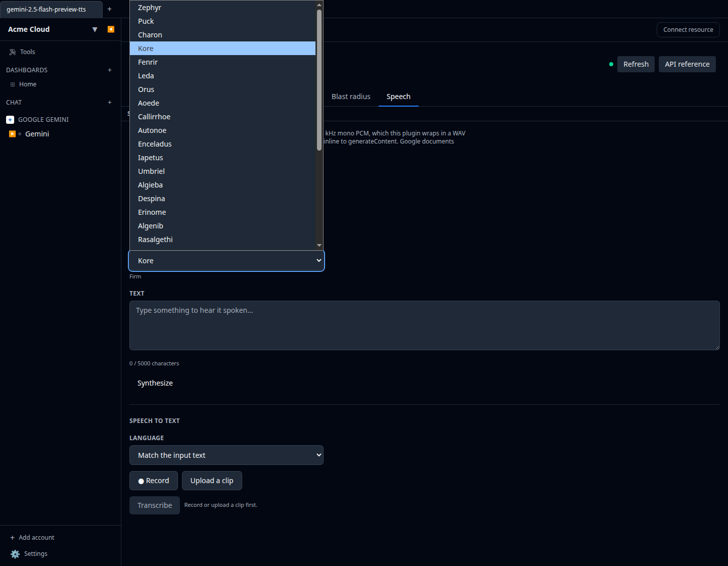 Gemini Speech tab with the voice picker open showing the thirty prebuilt voices and their style descriptors