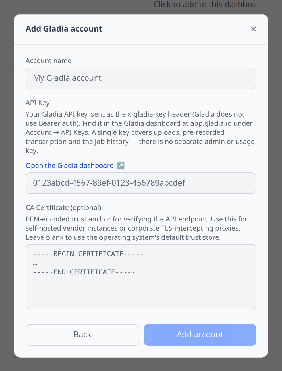 Gladia Add-account form with the single API key field